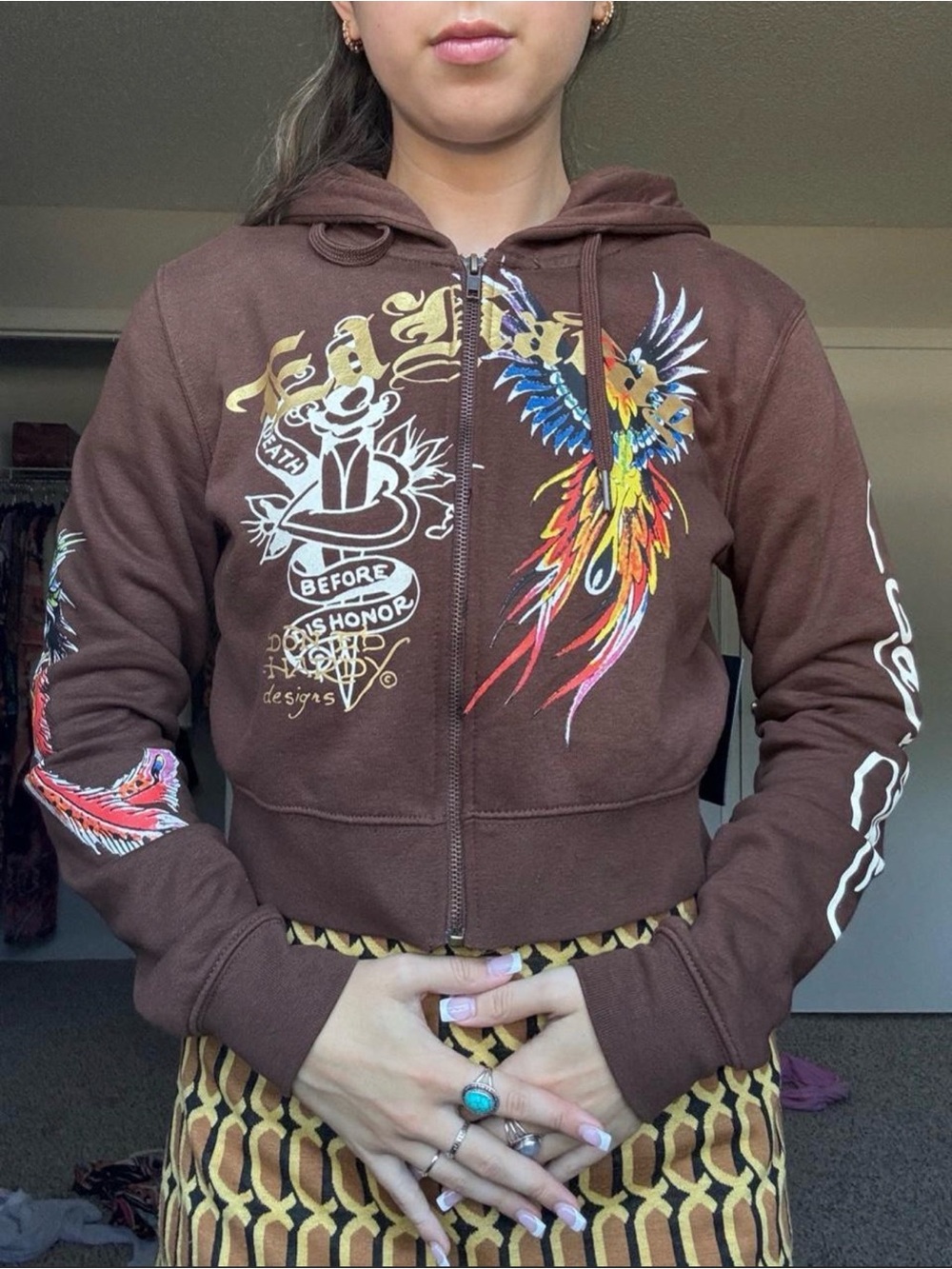 Ed Hardy Brown Zip-Front Cropped Tattoo Motif Hoodie with Colorful Phoenix